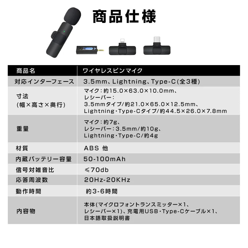 ワイヤレスマイク ピンマイク 3.5mm端子 設定不要 スマホ同時充電可能 クリップ式 360°集音 ノイズ軽減 配信 Vlog PC iPhone Android 対応