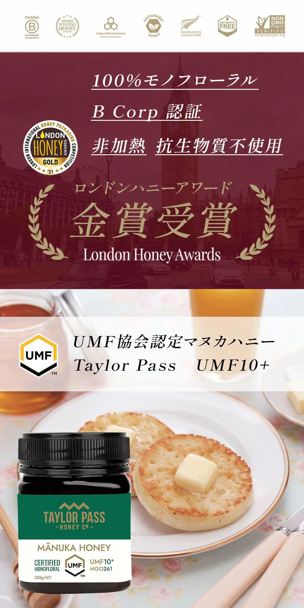 マヌカハニー UMF10+ [250g] MGO261～511 UMF協会認定【Taylor Pass ＆ マリリニュージーランド マヌカハニー】 生 はちみつ 非加熱 無添加 蜂蜜 モノフローラル 【送料無料】【最安値に挑戦】