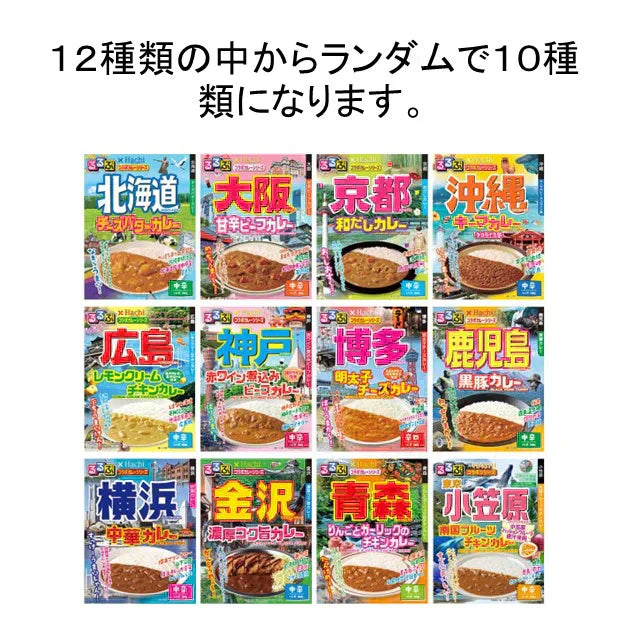 るるぶ レトルトカレー 10個セット ハチ食品 全国ご当地 12種類から１０種類 北海道 青森 金沢 横浜 小笠原 京都 大阪 神戸 広島 博多 鹿児島 沖縄