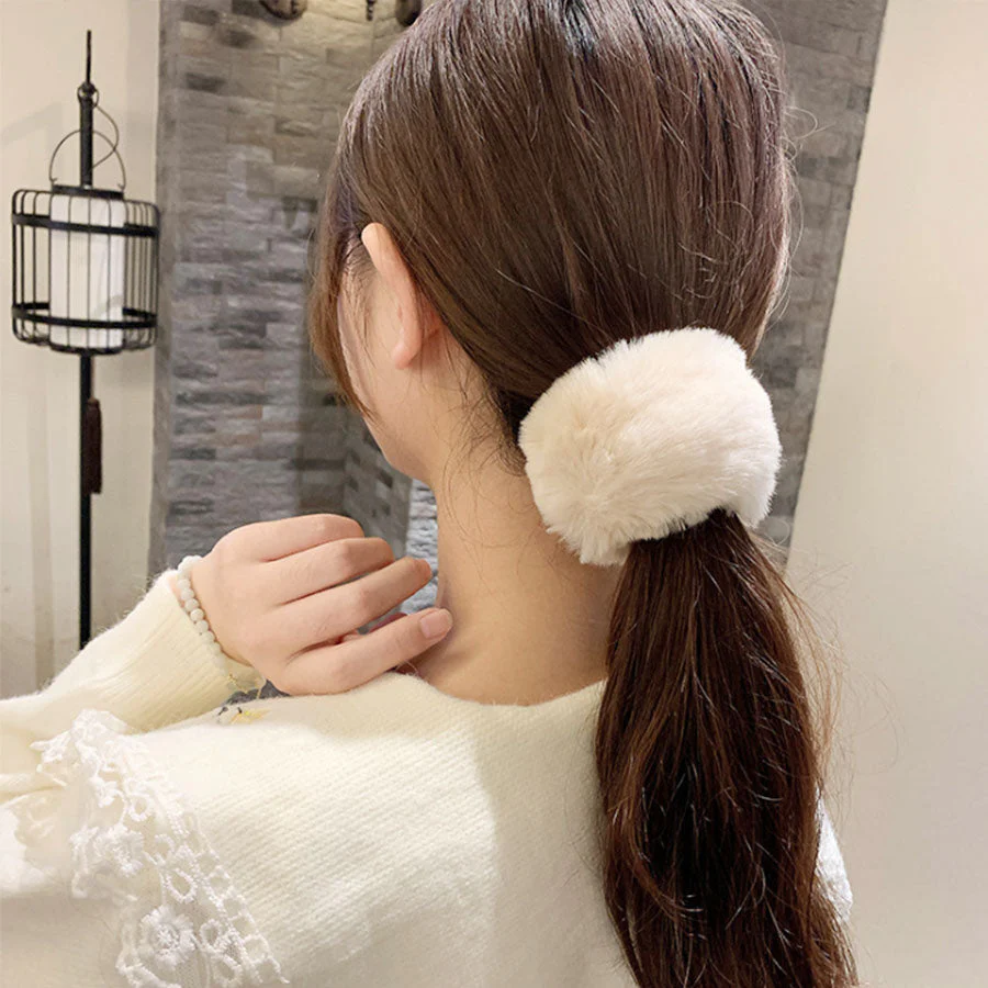 (グレー)モコモコ ヘアアクセサリー ヘアワイヤーポニー ヘアブレスレット 冬 オシャレ ふわもこ かわいい