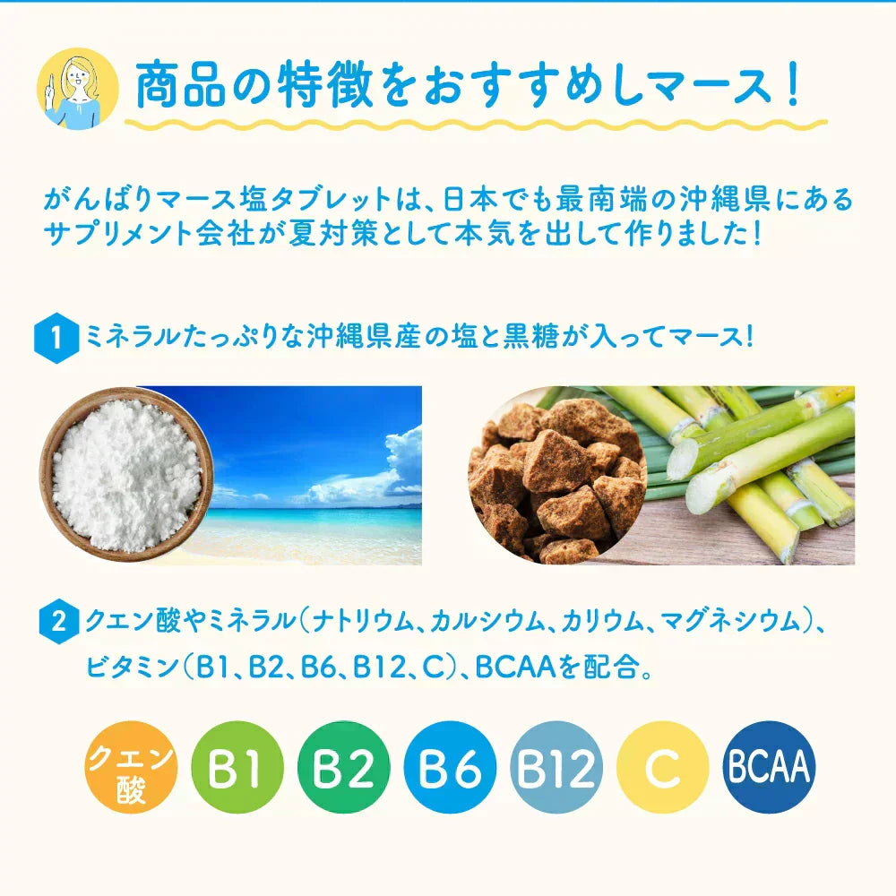 がんばりマース　塩タブレット　アセロラ味（1袋20粒入り×5セット）　ビタミンC　BCAA　クエン酸　沖縄県産黒糖　沖縄県産塩　ロイシン　バリン　イソロイシン　クエン酸