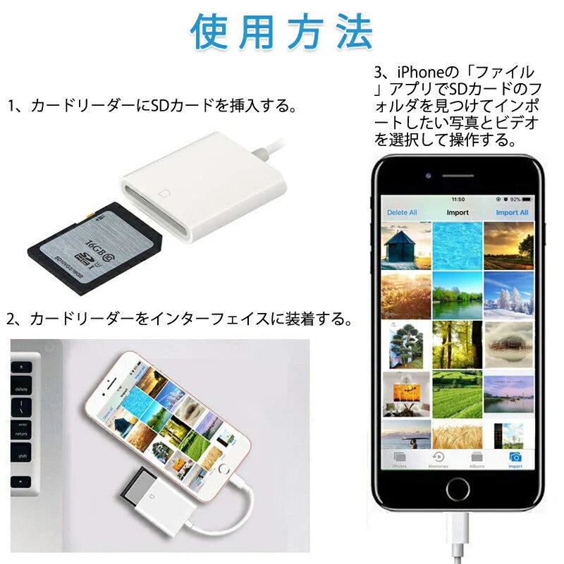 iPhone用SDカードリーダー lightning⇔SDアダプタ ケーブル iPad Lightningライトニング専用 アイパッド データ転送 バックアップ 写真 映像 ファイル 保存移動