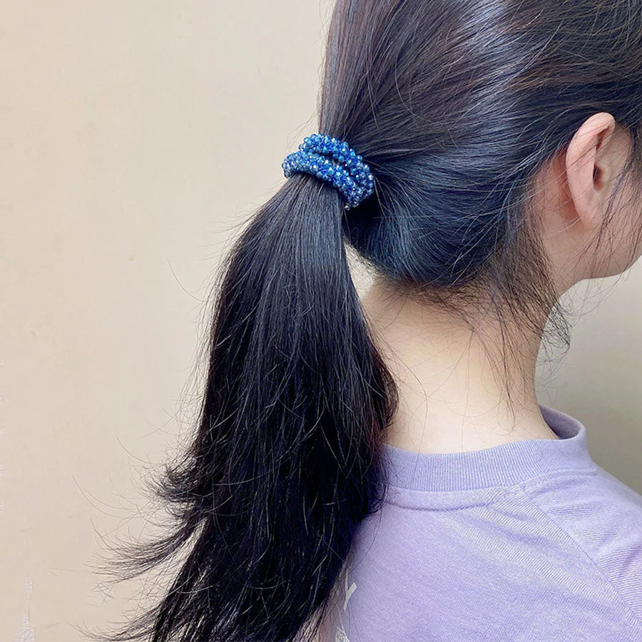 (ブルー)ヘアゴム　キラキラ　ヘアアクセサリー　かわいい　ゴールド　オシャレ　髪飾り　上品　大人っぽい　クリスタルビーズ 大人 上品 エレガント フェミニン 　シンプル　ブレスレット　子供用　大人
