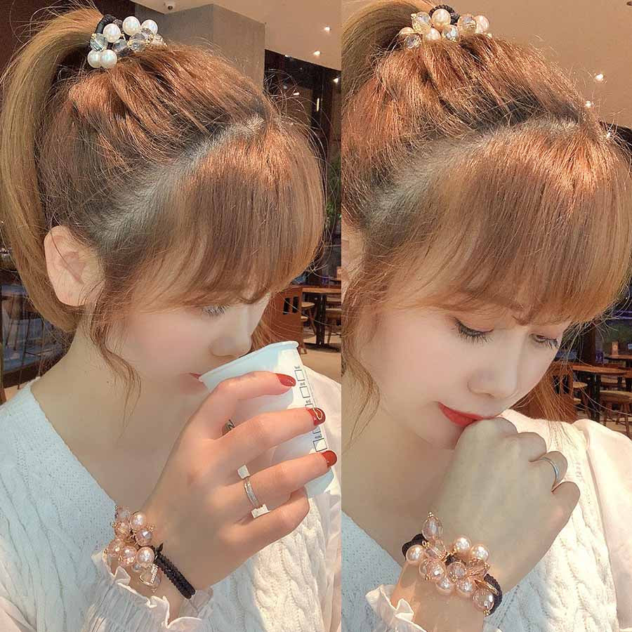 (ベージュ)ヘアゴム キラキラ パール おしゃれ ヘアアクセサリー リボン結び シンプル 髪留め