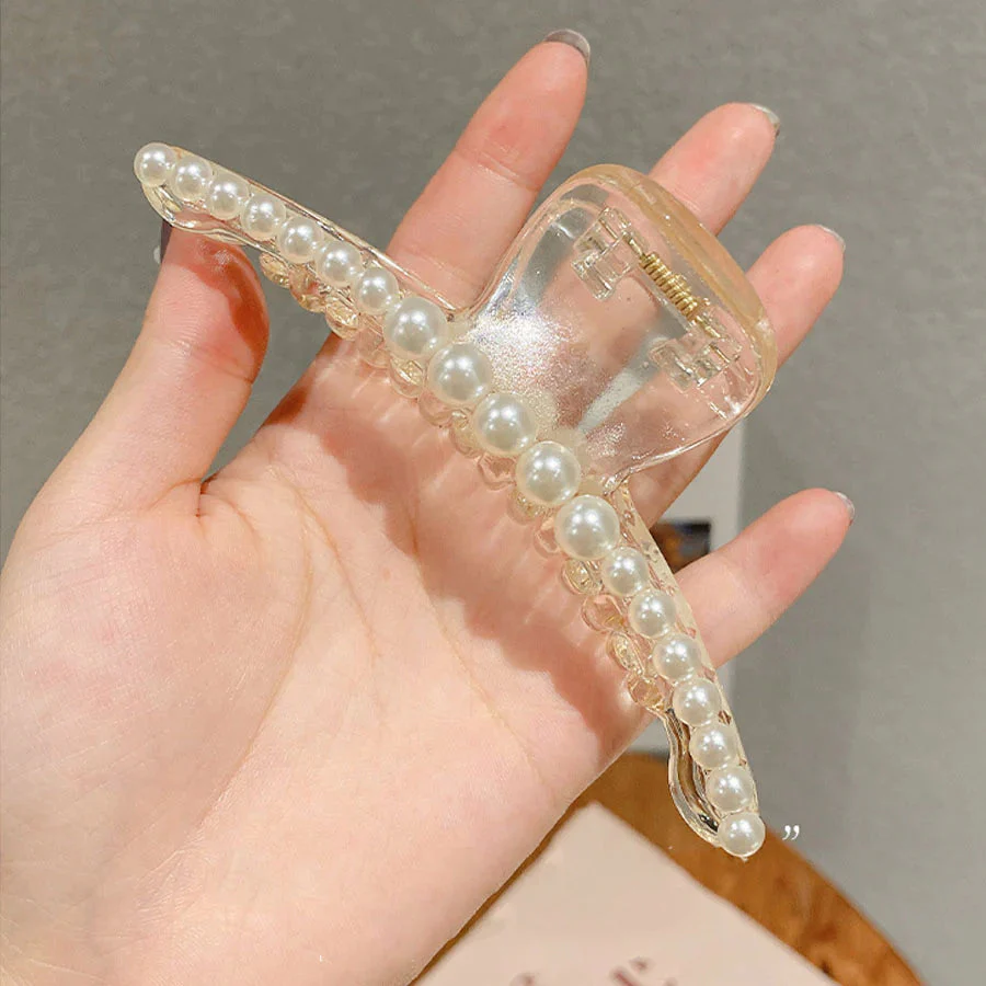 (ホワイト)ヘアクリップ 大粒パール バレッタ まとめ髪 髪飾り ヘアアクセサリー 髪留め ヘアアレンジ アクセント パール バンスクリップ