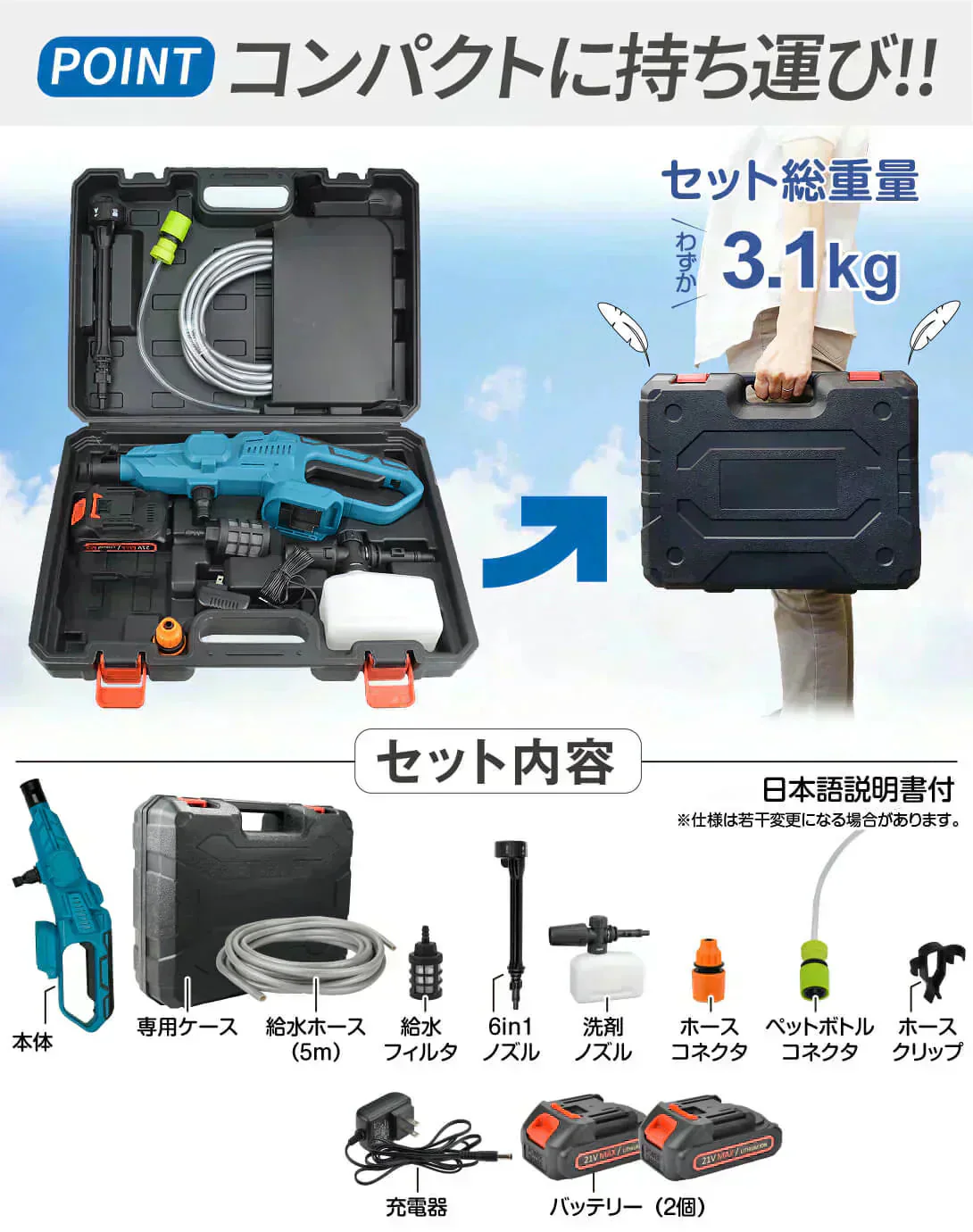 強力ハンディ高圧洗浄機BL　バッテリ2個・充電器付 マキタバッテリ互換 専用ケース付 ブラシレス 洗車 ベランダ バケツ