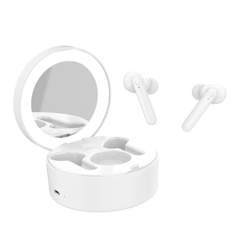 即納 Bluetooth 5.0 完全ワイヤレスイヤホン LED化粧ミラー付き EDR搭載Siri対応 可愛い ミラー付き 便利 超適用 超適合 w042A(ホワイト)