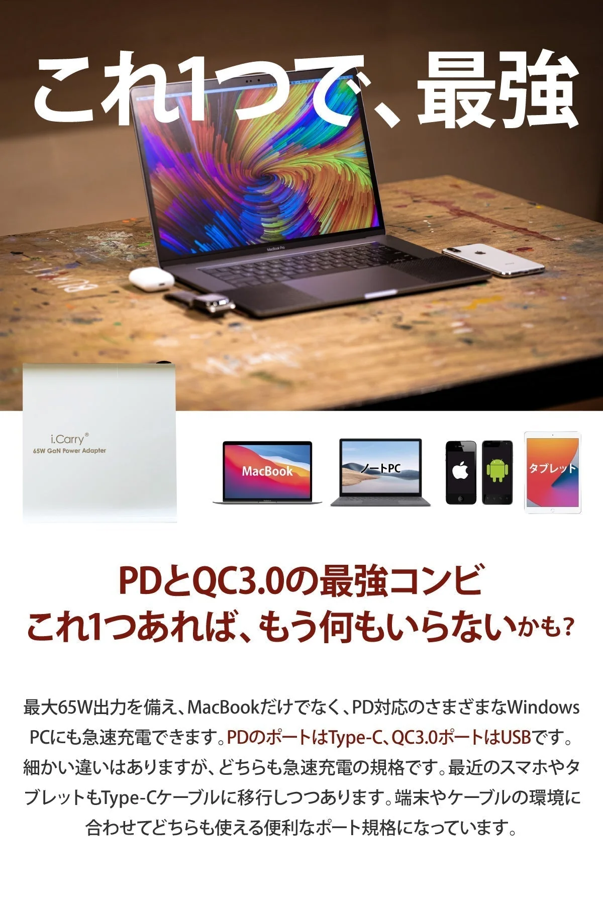 （ブラック）GaN 65W 窒化ガリウム アダプター iphone13 12 11 Galaxy Z Flip3 Fold3 5G 次世代型 高速充電器 フルスピード PD QC3.0 17-ACG23PPU