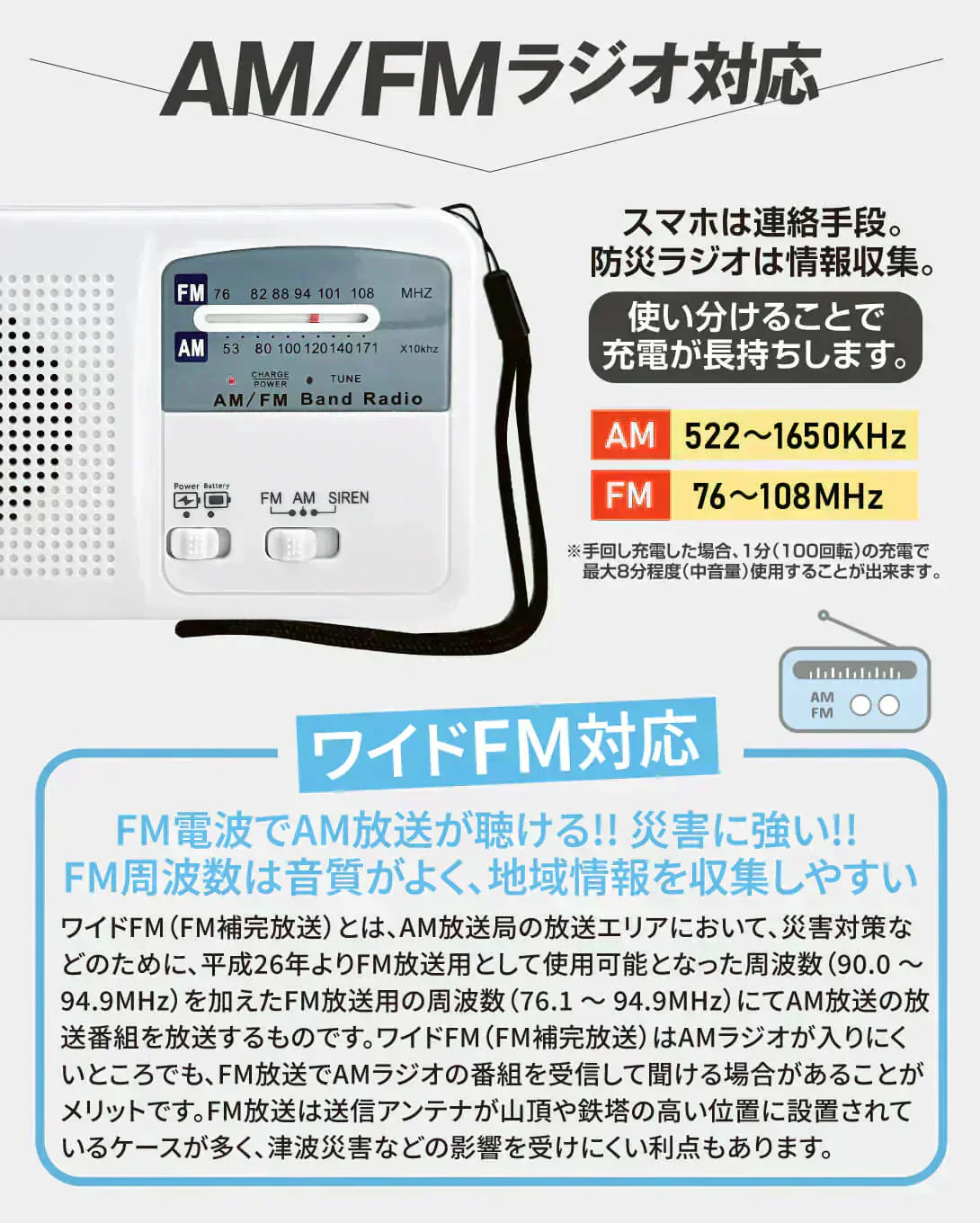 手回し充電防災ラジオ　1個【発送時期は商品説明参照】手回し 防災 充電 多機能 AM FM ワイドFM サイレン LEDライト コンパクト 緊急充電 ソーラー USB 乾電池 防災
