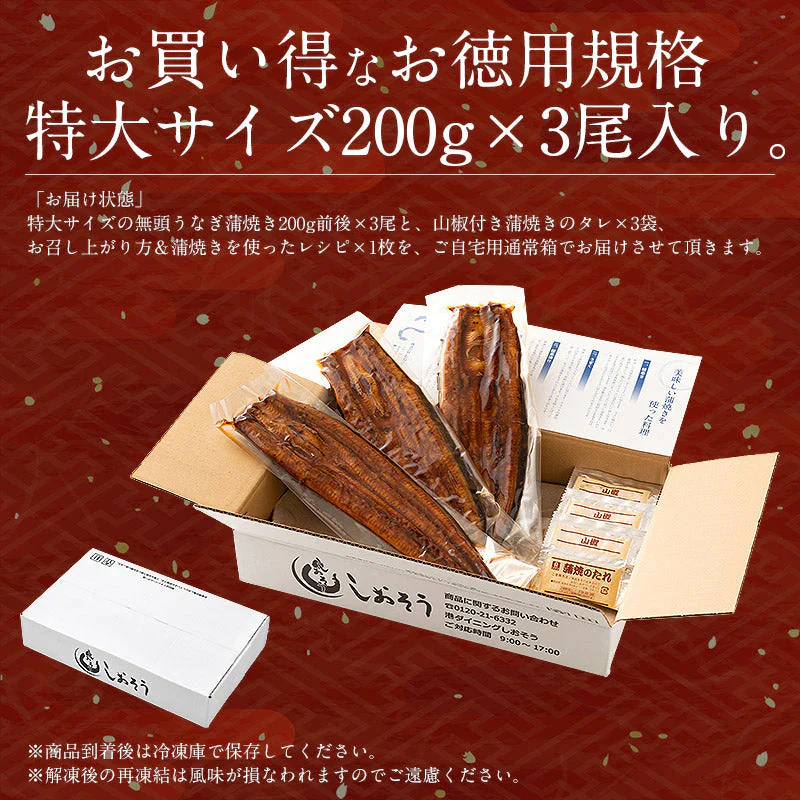 うなぎ 蒲焼き 無頭 鹿児島県産 国産 特大サイズ 約200g×3尾 ウナギ 鰻 ［送料無料］ 母の日 プレゼント ギフト  母の日思いの 健康 実用的 父の日 子供 孫