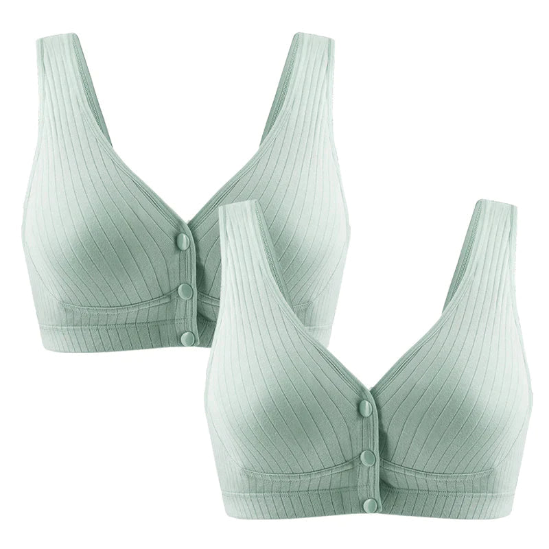 2枚セット グリーン Mサイズ ブラジャー 授乳ブラ ベスト型 哺乳用 インナー 前開き ノンワイヤー ナイトブラ コットン 妊娠 出産 下着 肌着 育児 マタニティ 通気 ボタン 綿