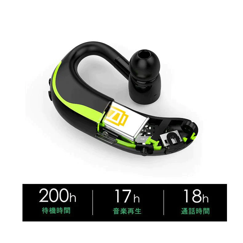 【ブラック＆グリーン】ブルートゥースイヤホン Bluetooth 5.2 ワイヤレスイヤホン 耳掛け型 ヘッドセット 片耳 最高音質 マイク内蔵 日本語音声通知 180°回転 超長待機 左右耳兼用