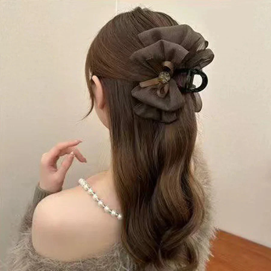 (ブラウン)リボンバレッタ 大きい リボンヘアアクセサリー 清楚 ガーリー エレガント ヘアピン ビックリボン ヘアバレッタ かわいい