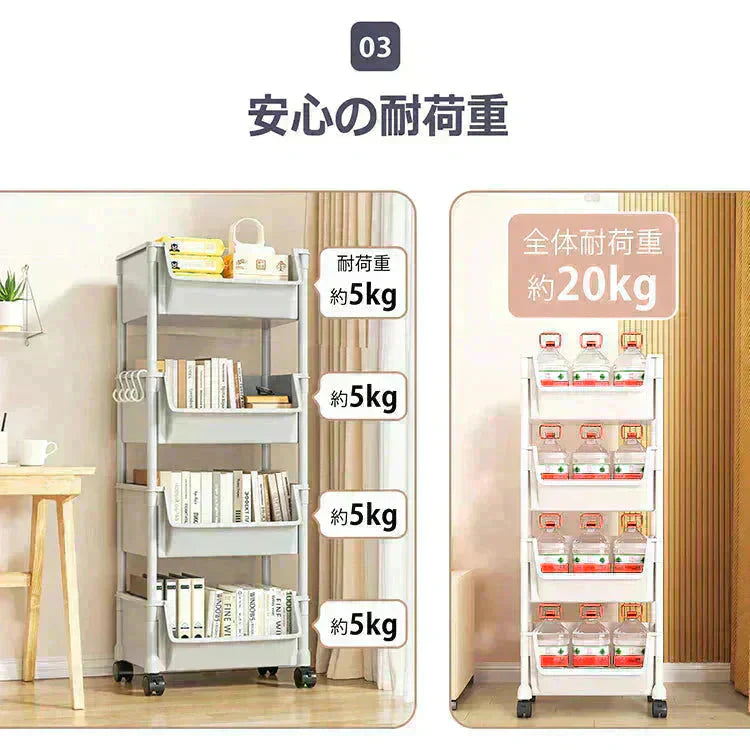 キッチンワゴン 「アイボリー」 収納棚 収納ワゴン 収納ラック 本棚 おしゃれ キャスター付き 組立簡単 収納カート 小物 台所 洗面所 軽量 組替可能 4段