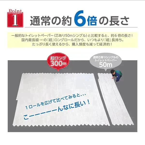 トイレットペーパー 丸富製紙 ペンギン芯なし 6倍長巻き 超ロング300m 再生紙 シングル 無包装24ロール