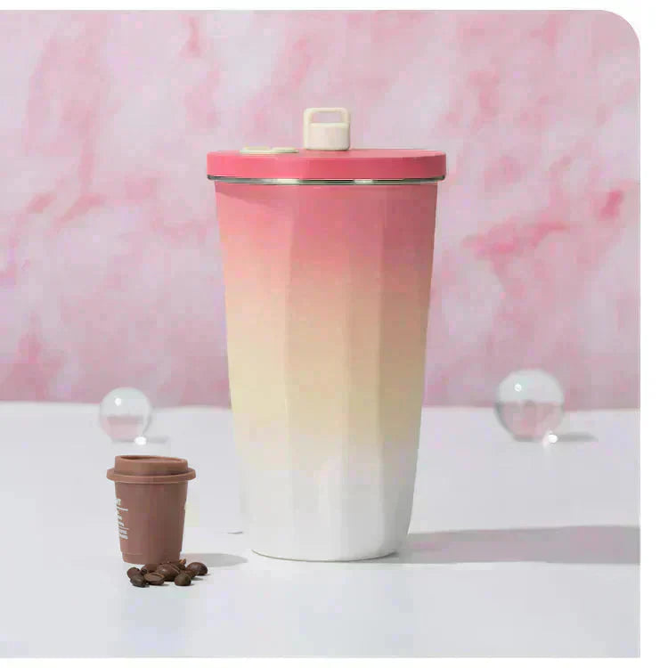 タンブラー 「グラデーション・ベージュ」 蓋付き ストロー付き 水筒 600ml 大容量 保温 保冷 こぼれない コーヒーボトル マグボトル ステンレス 真空断熱 持ち運び