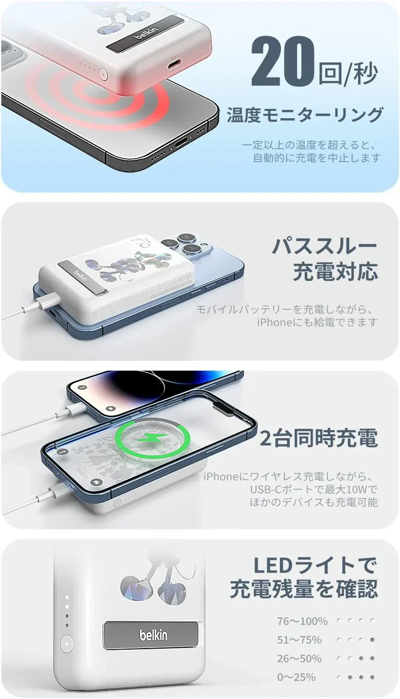 【ディズニー 限定モデル 創立100周年 】 Belkin モバイルバッテリー ワイヤレス 5000mAh(7.5W) MagSafe対応 パススルー充電対応 PSE