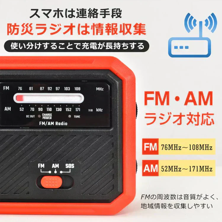 【レッド】ラジオ 多機能 防災用 600mAh 懐中電灯 乾電池 手回し USB蓄電 ソーラー AM/FM対応 スマホ充電 防災