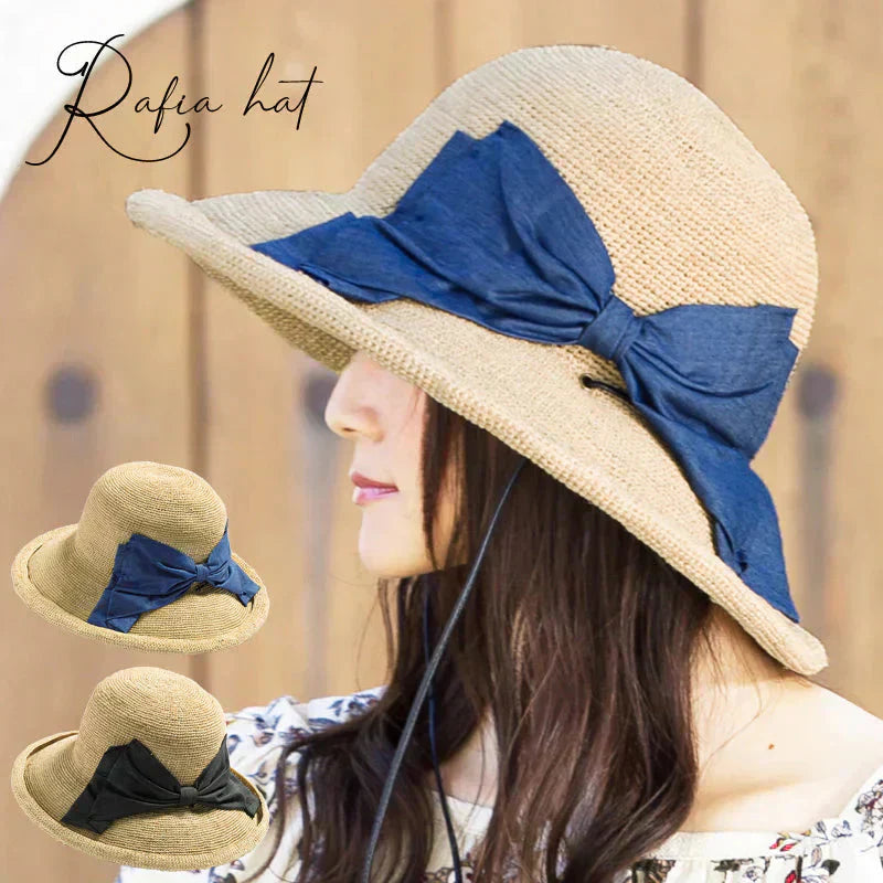 【フリー57.5-59.5cm-ナチュラルブルー】【商品名：紐付きリボンラフィアハット】