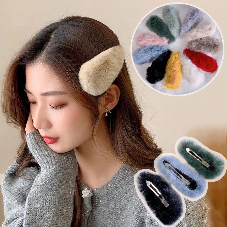 (グレー)ファーカラー BIGオーバルヘアクリップ ヘアピン ヘアアクセサリー 大きめ ヘア留め 前髪 オシャレ