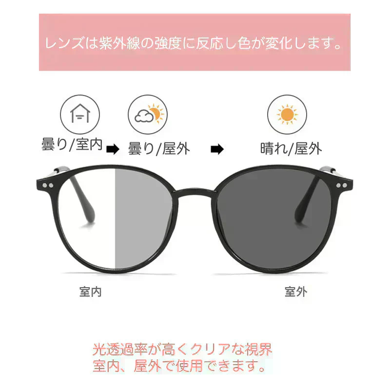 【ご予約商品 2026年6月下旬入荷分】おしゃれ サングラス 伊達眼鏡　自動調光メガネ 調光サングラス ボストンタイプ UVカット ブルーライトカット スケルトンブラウンフレーム 茶色