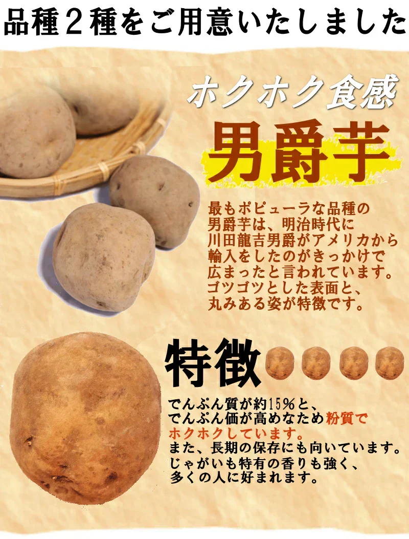 岩手県産　じゃがいも　5kg　無農薬栽培　品種MIX（きたあかり・男爵）
