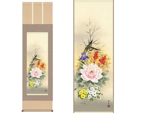 掛軸 【四季花】 北山歩生筆 [ 収納箱 10年保証 品質保証付き 31×89 四季 オールシーズン 牡丹 人気 国産 国内産 受注生産 床の間 和風 掛け軸 日本製 名画 縁起物 プレゼント 画寸 送料無料 ]