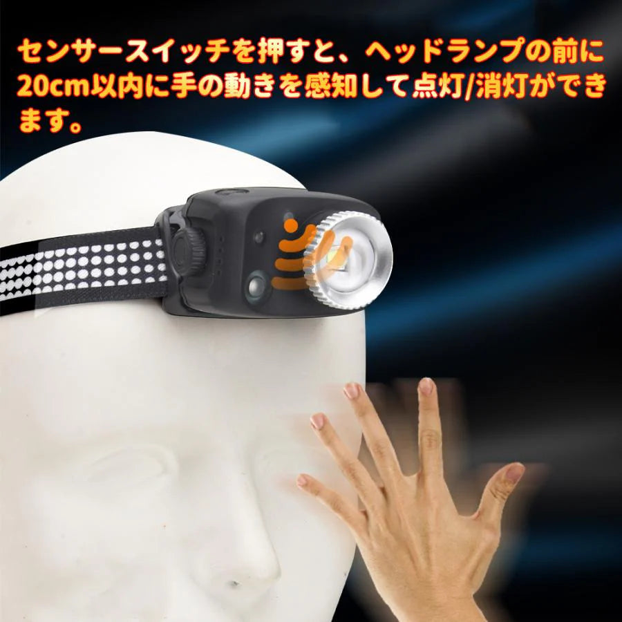 センサー付き　LEDヘッドライト USB充電式 人感センサー機能 長時間点灯　残量表示ランプ付き　 IPX45 釣りライト　防水 超軽量 防災 登山 キャップ 作業