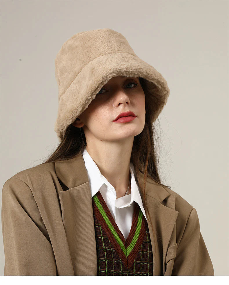 (ブラウン) 帽子 レディース ファー 秋 冬 深め バケットハット ハット 折たたみ もこもこ 暖かい 厚手 ファーハット 2024 サイズ調整 無地 女性