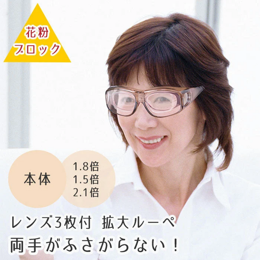 【本体+インナーレンズ3枚】拡大鏡 ルーペ メガネ型 眼鏡 1.8倍 NEWマルチグラス（本体+インナーレンズ1枚） 花粉対策メガネ 花粉症 メガネ