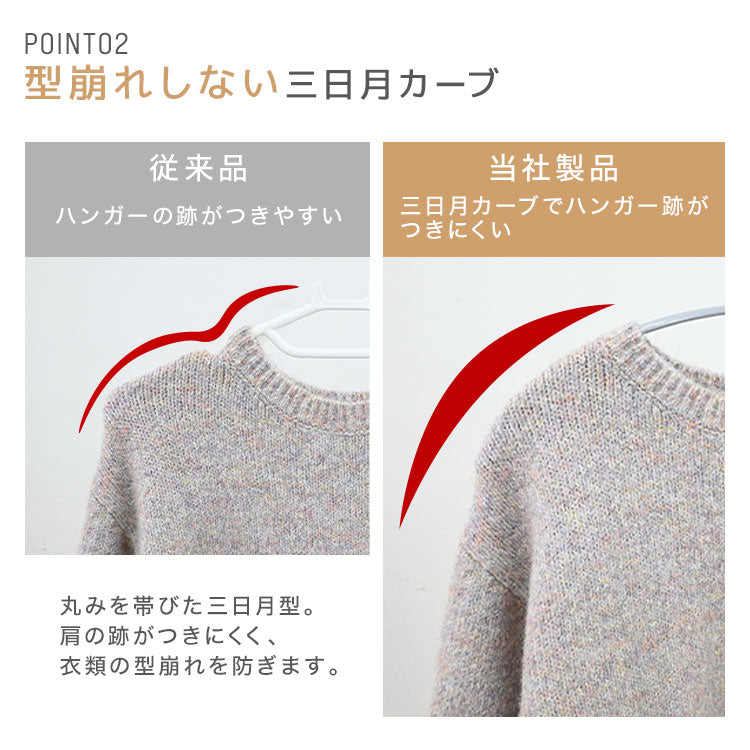 【ホワイト】【30本セット】すべらないハンガー 落ちない 滑り止め PVCコーティング 防水 型崩れ防止 肩 跡がつかない アーチ型 ニット カーディガン スリムハンガー 三日月 乾湿両用