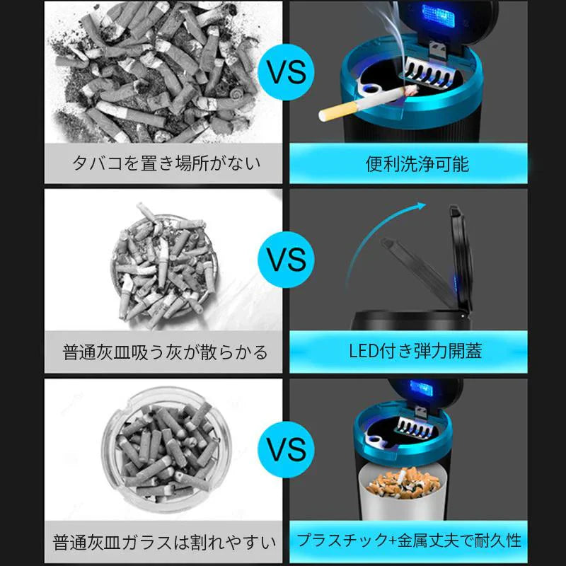 車用灰皿 led付き 取り外し簡単 ふた付き 灰捨て簡単 便利 高温に強く自動点灯 弾力開蓋 金属製 夜間LED照明付き w375B(ブラック)