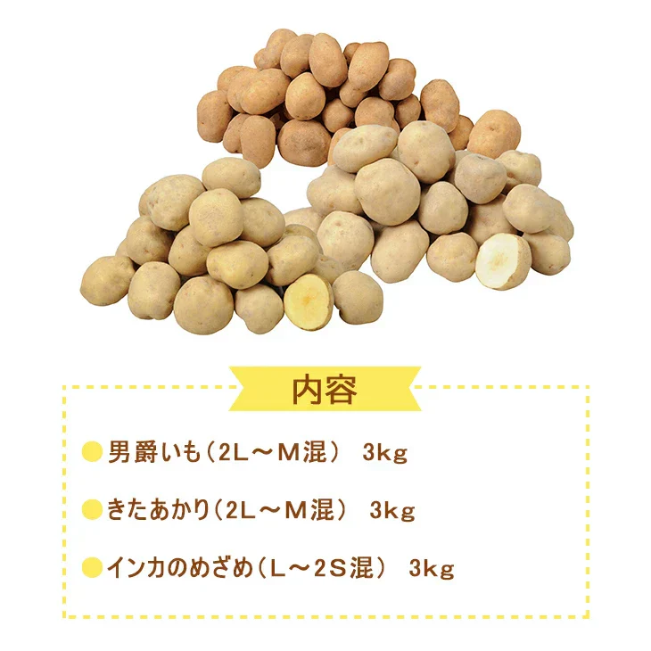 【終了】【10月中旬より順次出荷予定】北海道産 じゃがいも3種セット 9kg　男爵・キタアカリ(2Ｌ～Ｍ混)/各3kg、インカのめざめ(Ｌ～2Ｓ混)/3kg