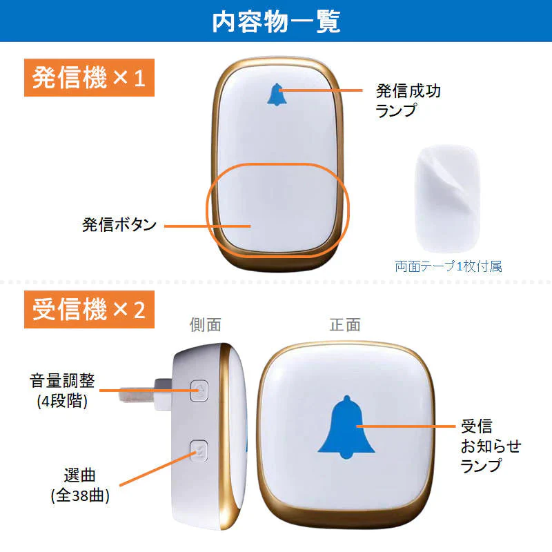 ワイヤレスチャイム ブラック 発信機1個と受信機2個 お得セット 光と音で呼び出し 防水 工事 電池不要 ドアベル 玄関 ナースコール 介護施設 無線チャイム 高品質