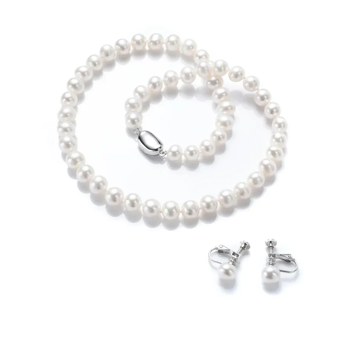 【品質保証】本真珠ネックレス＆イヤリングSET Pearl ホワイト 7.5-8.0mm　パールネックレス　冠婚葬祭