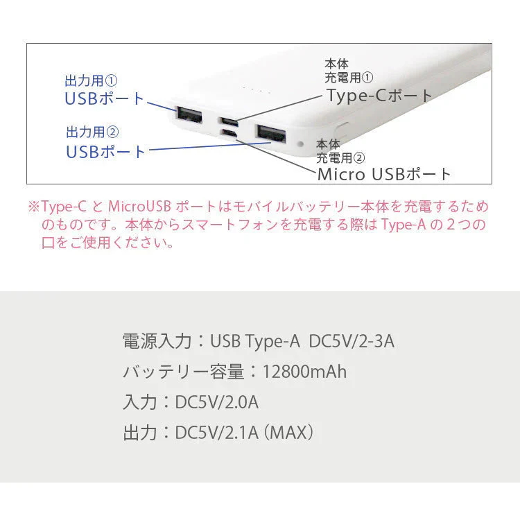 【ホワイト】モバイルバッテリー 大容量 軽量 小型 薄型 12800mAh 急速充電 スマホ 充電器 アンドロイド 充電器 アイフォン 充電 バッテリー 携帯充電器 持ち運び iPhone 15 Android pse認証 大容量モバイルバッテリー スマホ バッテリー 防災 送料無料