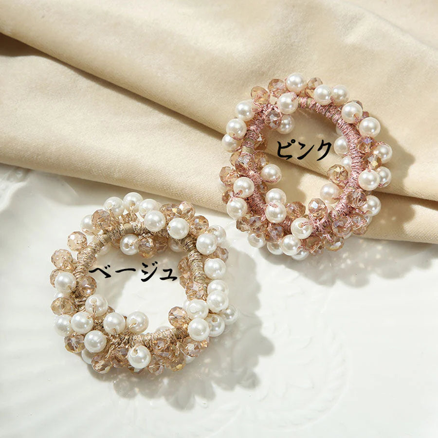 (ベージュ)ヘアゴム パール バブル シンプル ブレスレット ビーズ ヘア留め ヘアアクセサリー 髪飾り