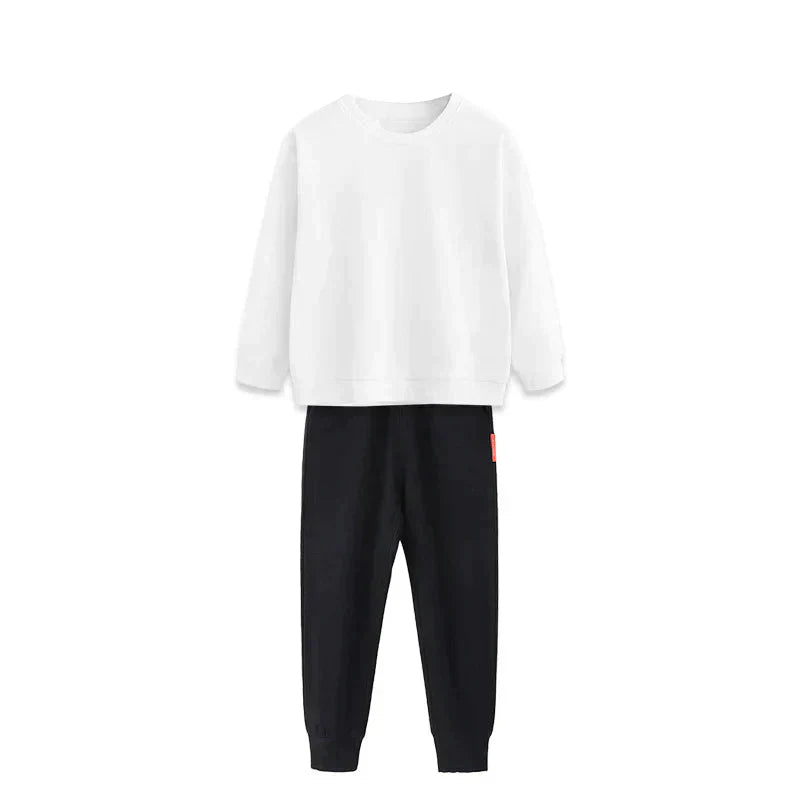 2点セット ブラック 150cm トレーナー1枚 と ズボン1枚 体育 体操服 子供 キッズ 白Tシャツ長袖 黒 グレー パンツ 秋 春 冬 通気性 運動会 イベント 男女兼用 ポップダンス