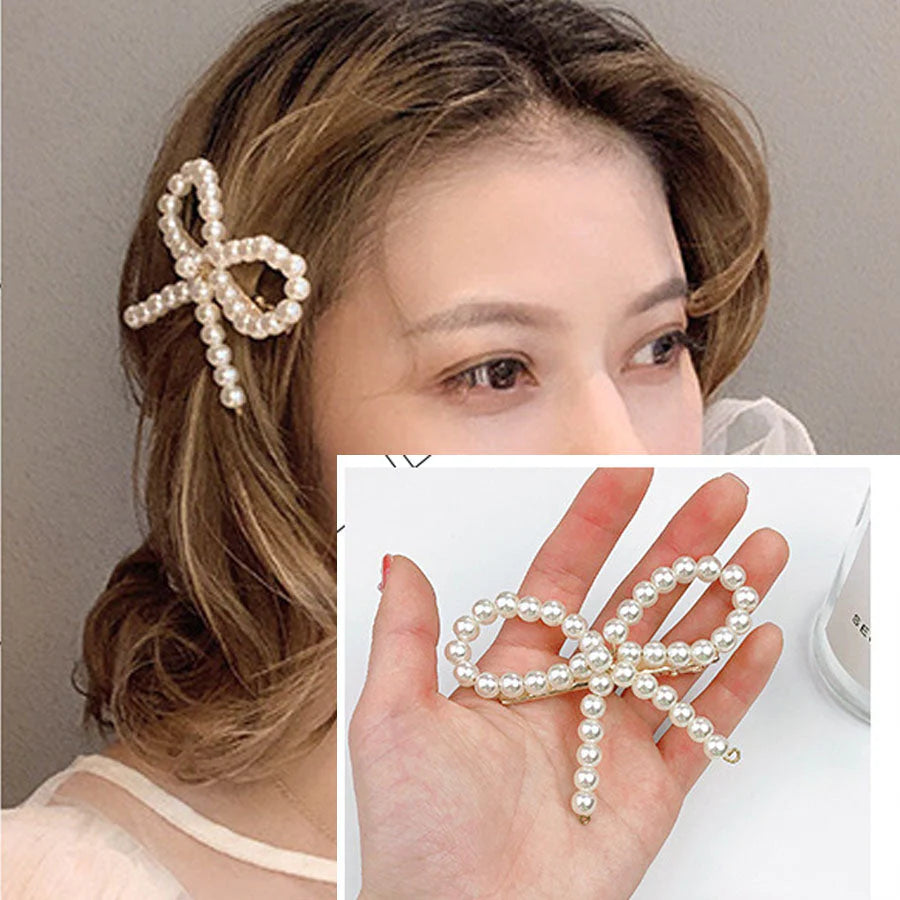 (ホワイト)ヘアピン リボン パールビーズヘアピン パッチン留め かわいい ヘアアクセサリー パールホワイト 子ども おしゃれ