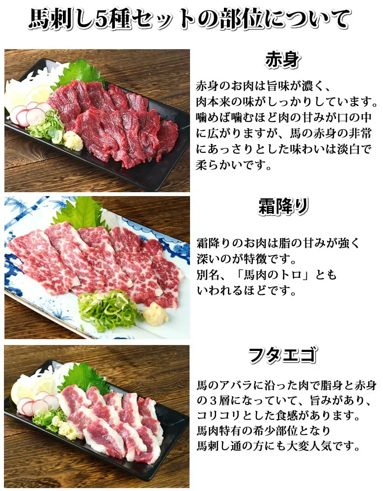 馬刺し 5種 盛り合わせセット 赤身 霜降り フタエゴ バラヒモ たてがみ 送料無料 5人前 250g カナダ産国内肥育 馬刺 熊本直送 ギフト 馬肉 お取り寄せ 肉