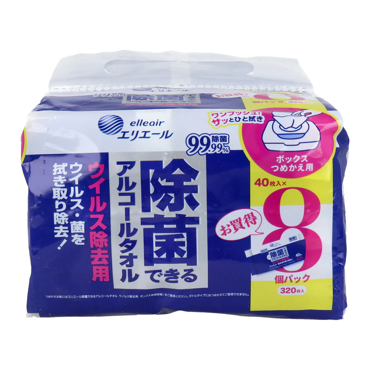 除菌ウェットティッシュ エリエール 除菌できるアルコールタオル ウイルス除去用 ボックスタイプ 詰替用 40枚 8個入り X3パック