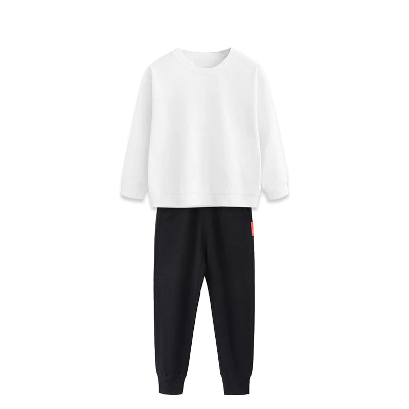 2点セット ブラック 100cm トレーナー1枚 と ズボン1枚 体育 体操服 子供 キッズ 白Tシャツ長袖 黒 グレー パンツ 秋 春 冬 通気性 運動会 イベント 男女兼用 ポップダンス