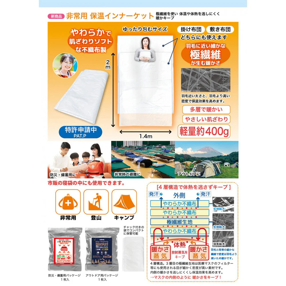 エスパック 日本製 非常用不織布毛布 4層生地 防災備蓄用 ホワイト 140cm×200cm 軽量約400g 1枚入り