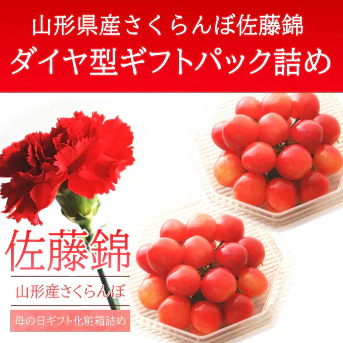 【遅れてゴメン母の日ギフト順次発送】さくらんぼ佐藤錦Ｍ玉ダイヤパック詰め100g2個詰めカーネーション1本と母の日カード付き山形県より直送