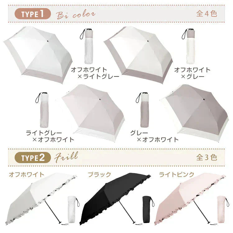 日傘 「タイプ1・オフホワイト×グレー」 軽量 折り畳み 晴雨兼用 遮光100% 完全遮光 UVカット 折りたたみ傘 フリル 日差し 紫外線 日焼け防止 レディース 内側黒 梅雨 熱中症
