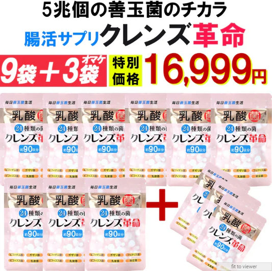 【お得12個セット・9個＋3個オマケ】【クレンズ革命】5兆個 善玉菌のチカラ 内側から スッキリ 腸活 ダイエットサプリ 腸内フローラ 納豆菌 乳酸菌 菌活 悪玉菌 ガセリ ビフィズス菌 カルニチン プロバイオティクス デトックス クレンズサプリメント ガセリ菌 悪玉菌 国産 お腹スッキリ 乳酸菌サプリ 酪酸菌　納豆菌 ナットウキナーゼ ビフィズス菌 おすすめ 人気 ランキング 効果 強力 最強 通販 日本製 国産