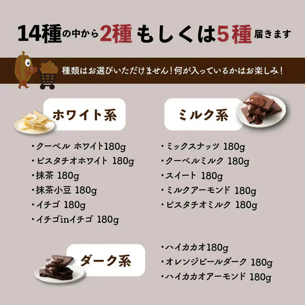 【冷蔵便】【お楽しみセット】【割れチョコ】１４種の中から５種届くお楽しみセット 福袋 クーベルチュール チョコレート ミルク アーモンド ハイカカオ ミックスナッツ 送料無料