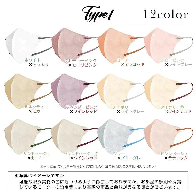 「Type1・Mサイズ・ホワイト」 マスク 3D立体構造 3層 不織布 30枚入り ビューティ小顔 カラー 血色マスク 男女用 ファッション 耳が痛くない 蒸れない