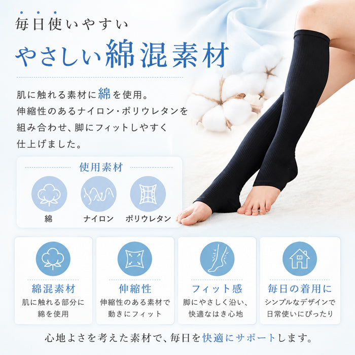 【ブラックＭLサイズ】脚の疲れ、むくみに！着圧ソックス オープントゥ レディース むくみとり 春夏 夏用 ハイソックス 寝る時 ブラック ホワイト / 国産スリムビューティ ノンつま先タイプ
