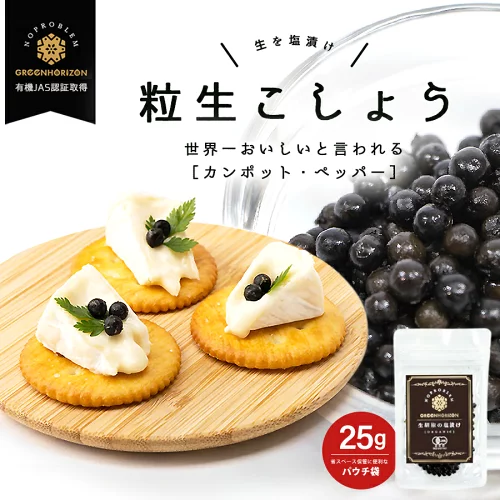 オーガニック 生胡椒 塩漬け 25g 【有機JAS認証取得】黒こしょう 黒コショウ 黒 胡椒 塩漬け お得 カンポットペッパー 人気 オーガニック 無添加 黒 胡椒 香辛料 調味料 料理 おすすめ スパイス 無農薬 有機農業 生こしょう 粒生 こしょう 大人気 塩漬け粒生 どんな料理にも簡単のせるだけ フレッシュな生胡椒 パウチ ジッパー付 小分けカンボジア カンボジア王国